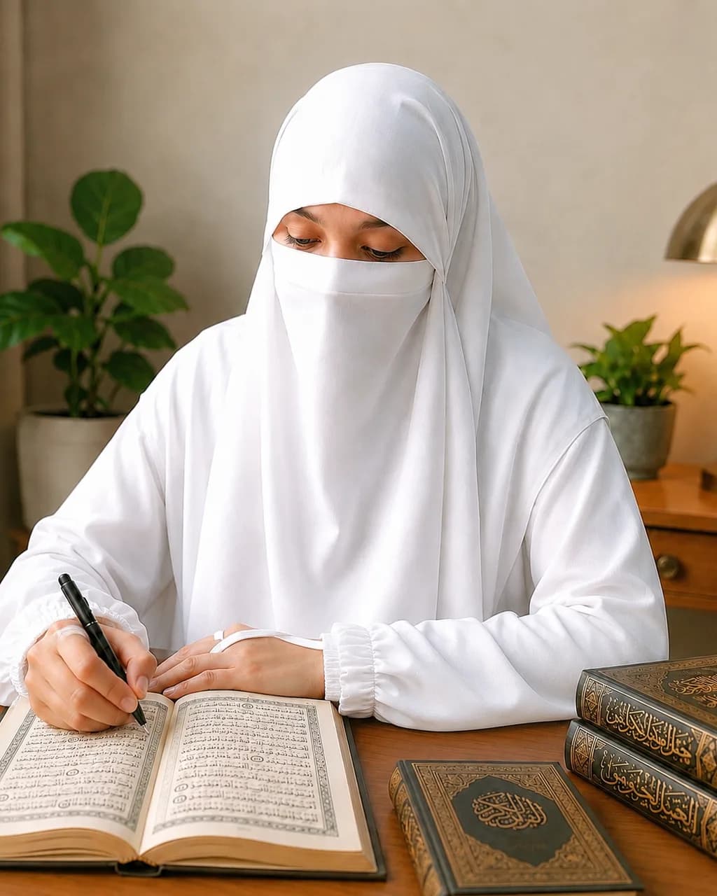 Iqra Khan studying the Quran in her home study